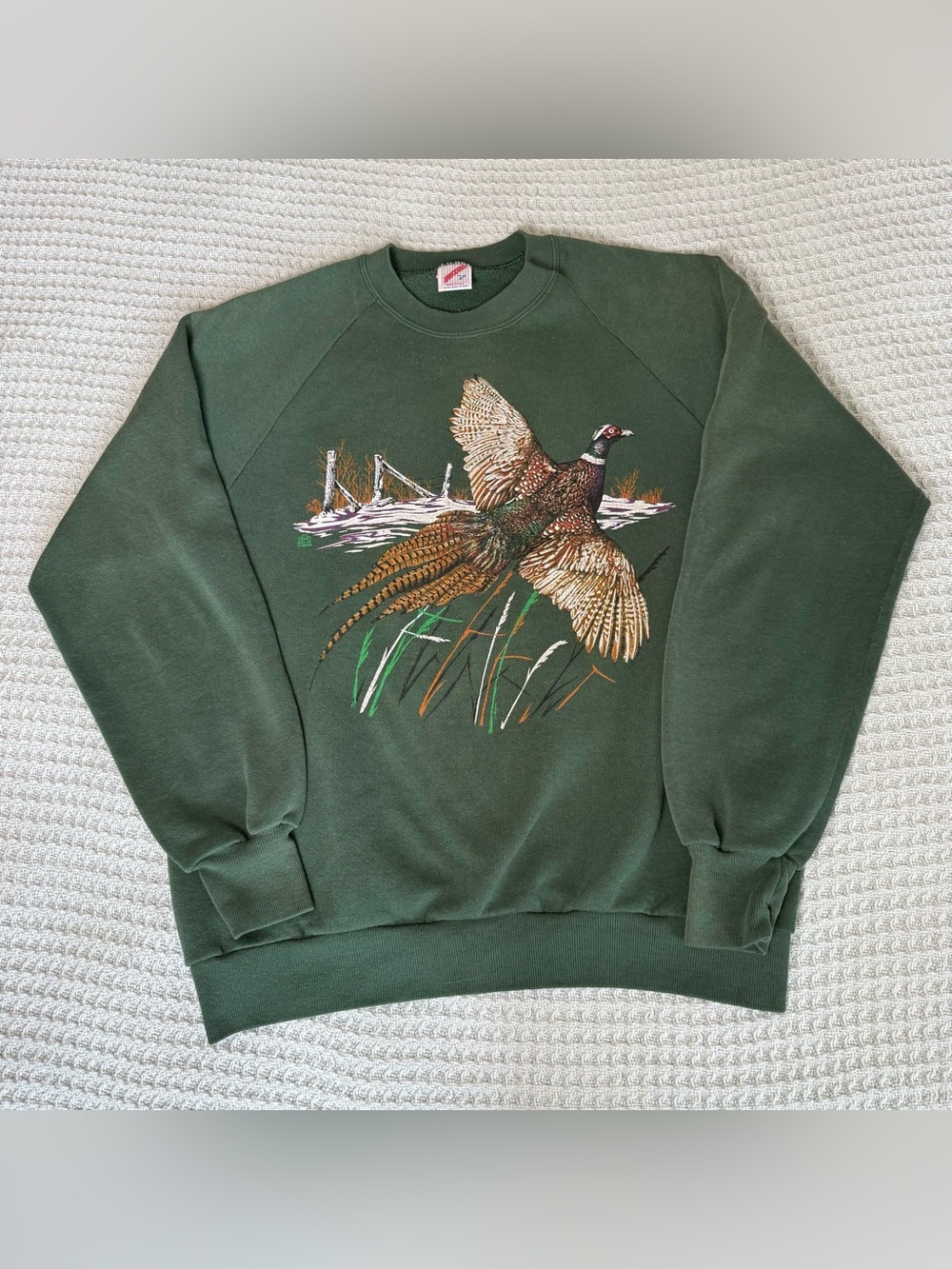 Vintage 80s Jerzees Sweatshirt Large Green Pheasant Shirt LSJ 1989 Cabin Hunting